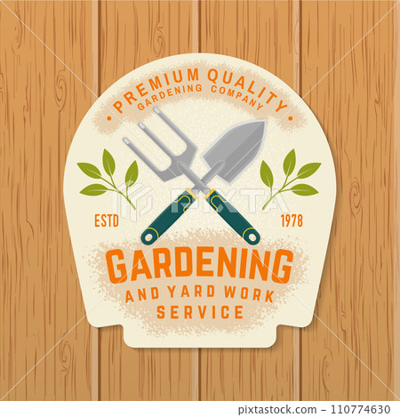 Gardening and yard work services emblem, label, badge, logo. Vector illustration. For sign, patch, shirt design with hand garden trowel, farming fork, gardening equipment silhouette. Gardening and yard work services emblem, label, badge, logo. Vector illustration. For sign, patch, shirt design with hand garden trowel, farming fork, gardening equipment silhouette. 110774630