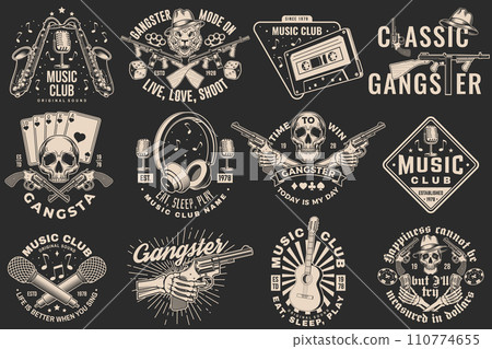 Set of gangster and retro music poster, banner. Vintage design for t shirt, emblem, logo, badge design with gangster, submachine gun and retro microphone, saxophone, audio cassette, guitar. Vector. 110774655