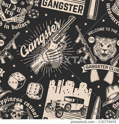 Set of gangster club seamless pattern. Vector illustration. Vintage monochrome label, sticker, patch with gangster, submachine gun and tiger gangster skull silhouettes. 110774658