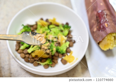Owners topping dog food with vegetables and supplements Owners topping dog food with vegetables and supplements 110774660