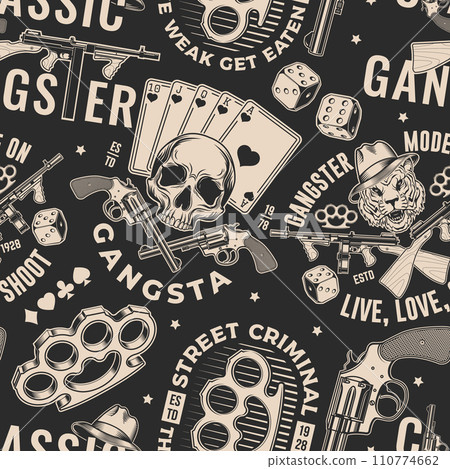 Set of gangster club seamless pattern. Vector illustration. Vintage monochrome label, sticker, patch with gangster, submachine gun and tiger gangster skull silhouettes. 110774662