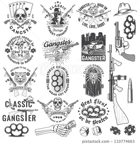 Set of gangster club badge design. Vector illustration. Vintage monochrome label, sticker, patch with gangster, submachine gun and tiger gangster skull silhouettes. 110774663