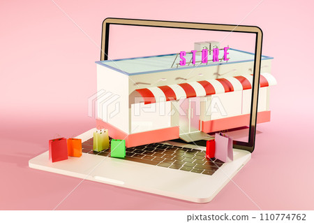 3d rendering of open laptop with colorful shopping bags and store in modern studio 3d rendering of open laptop with colorful shopping bags and store in modern studio 110774762