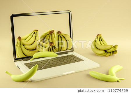 3d rendering of open laptop with bananas placed on screen and surface 3d rendering of open laptop with bananas placed on screen and surface 110774769