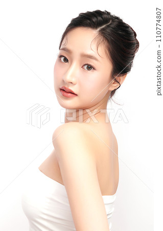 Beautiful young asian woman with clean fresh skin on white background, Face care, Facial treatment, Cosmetology, beauty and spa, Asian women portrait. Beautiful young asian woman with clean fresh skin on white background, Face care, Facial treatment, Cosmetology, beauty and spa, Asian women portrait. 110774807