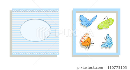 Greeting card. Butterflies in a frame. Invitation to the celebration. Congratulation. Textile printing for children. Cartoon Vector illustration. 110775103