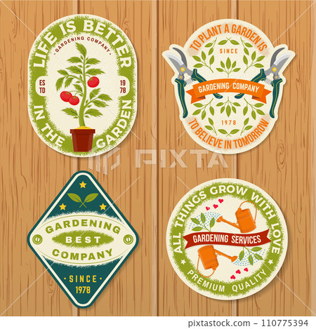 Set of gardening and yard work services emblem, label, patch, sticker. Vector illustration. For sign, patch, shirt design with hand secateurs, garden pruner, watering can, gardening equipment 110775394