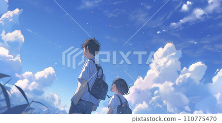 兩名高中生看著清晰的藍天（AI 生成的圖像） 110775470