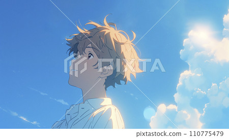 The gaze of a boy staring into the distance under the blue sky (AI-generated image) 110775479