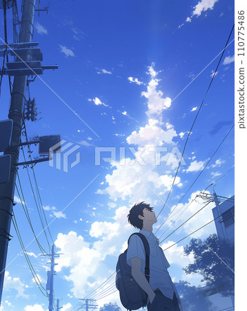 藍天下男孩凝視遠方的目光（AI生成的圖像） 110775486