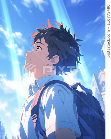 The gaze of a boy staring into the distance under the blue sky (AI-generated image) 110775490