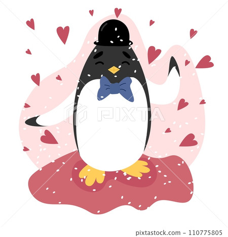 Valentine day vector illustration Penguin in black hat waving paw on pink background with hearts around it. Valentine day vector illustration Penguin in black hat waving paw on pink background with hearts around it. 110775805