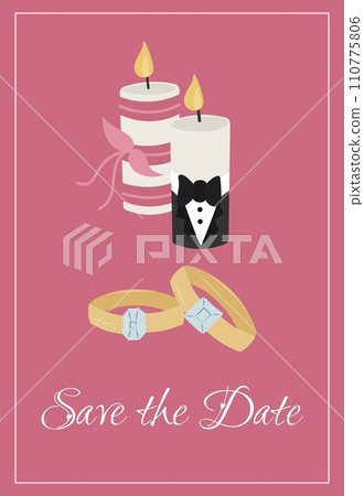 Wedding invitation with wedding rings and candles on pink background. Wedding invitation with wedding rings and candles on pink background. 110775806