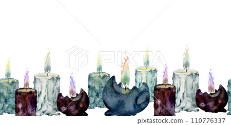 Hand drawn watercolor sea witch altar objects. Burning pillar and ball votive candles with flame, blue purple. Seamless banner isolated on white background. Design for print, shop, gothic, witchcraft Hand drawn watercolor sea witch altar objects. Burning pillar and ball votive candles with flame, blue purple. Seamless banner isolated on white background. Design for print, shop, gothic, witchcraft 110776337
