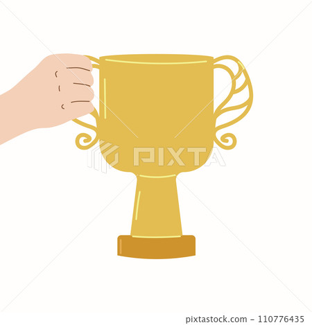 Hand holds the cup winner sports competitions. Prize champion first place and achievement. Design poster banner. Vector illustration. Hand holds the cup winner sports competitions. Prize champion first place and achievement. Design poster banner. Vector illustration. 110776435