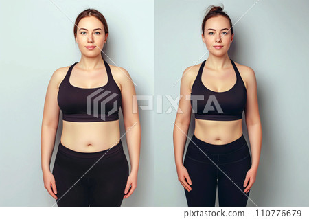 Woman posing before and after weight loss. Diet and healthy nutrition. Fitness results, get fit. Liposuction results, plastic surgery. Transformation from fat to athlete. Overweight and slim, training 110776679