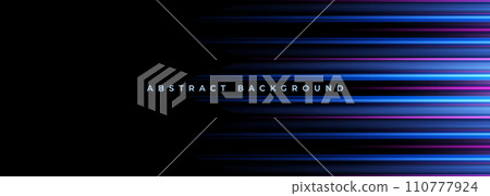 Abstract modern black wide banner background with blue glowing high-speed and movement lights effect. Abstract modern black wide banner background with blue glowing high-speed and movement lights effect. 110777924