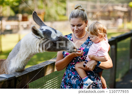 Adorable cute toddler girl and young mother feeding little goats and sheeps on kids farm. Beautiful baby child petting animals in petting zoo. Woman and daughter together on family weekend vacations Adorable cute toddler girl and young mother feeding little goats and sheeps on kids farm. Beautiful baby child petting animals in petting zoo. Woman and daughter together on family weekend vacations 110777935