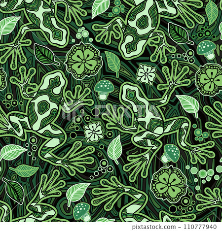 Hawaiian Green and Black Poison Dart Frog Psychedelic Seamless Pattern, Trippy Art Fantasy Mushrooms and Reptilian 110777940