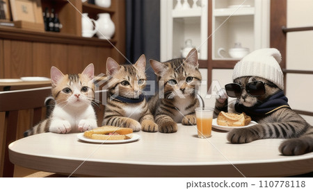 cat eating at a cafe 110778118