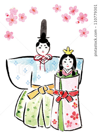 Watercolor illustration of Hina dolls and peach blossoms 110779301