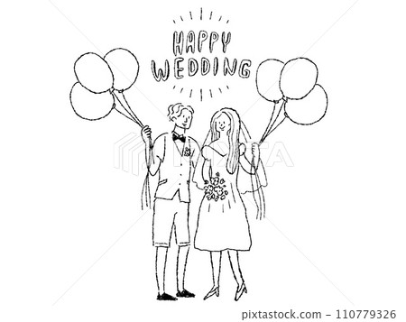 Bride and groom with balloons, wedding, wedding ceremony, bridal, line drawing 110779326