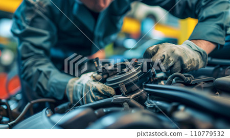 Image of a mechanic repairing a car at an auto repair shop, vehicle inspection and inspection. AI image 110779532