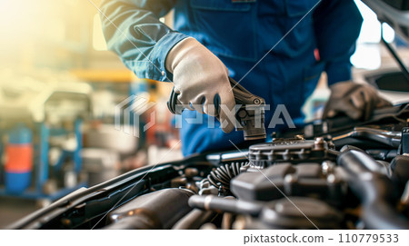 Image of a mechanic repairing a car at an auto repair shop, vehicle inspection and inspection. AI image 110779533