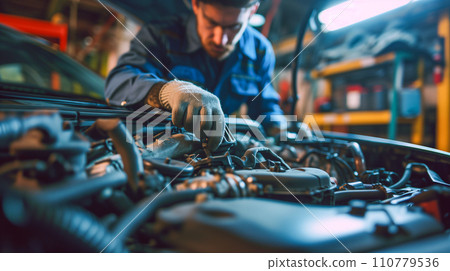 Image of a mechanic repairing a car at an auto repair shop, vehicle inspection and inspection. AI image 110779536