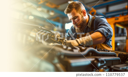 Image of a mechanic repairing a car at an auto repair shop, vehicle inspection and inspection. AI image 110779537
