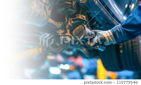 Image of a mechanic repairing a car at an auto repair shop, vehicle inspection and inspection. AI image 110779546