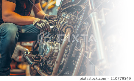 Image of a mechanic repairing a car at an auto repair shop, vehicle inspection and inspection. AI image 110779549