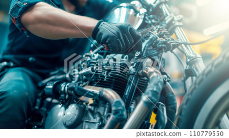 Image of a mechanic repairing a car at an auto repair shop, vehicle inspection and inspection. AI image 110779550