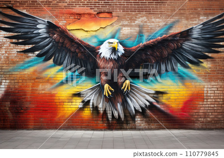 Image of a bald eagle on a brick wall. Street art. 110779845