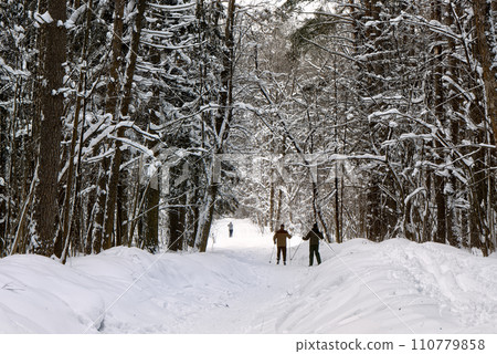 Back view of elderly skiers with ski poles in his hands in winter snowy forest. Back view of elderly skiers with ski poles in his hands in winter snowy forest. 110779858