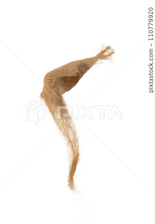 Abstract cloud fly. Yellow colored sand splash throwing curve circle in Air. Golden grain wave explode. Fine Sand flying explosion, White background Isolated throwing particle element object Abstract cloud fly. Yellow colored sand splash throwing curve circle in Air. Golden grain wave explode. Fine Sand flying explosion, White background Isolated throwing particle element object 110779920