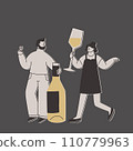 Cute man and woman with a huge bottle of white wine and a huge glass. Funny exaggerated characters for design on the theme of wine or alcoholic beverages. Vector flat illustration. 110779963