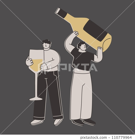 Cute men with a huge bottle of white wine and a huge glass. Funny exaggerated characters for design on the theme of wine or alcoholic beverages. Vector flat illustration. 110779964