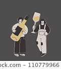 Cute man and woman with a huge bottle of white wine and a huge glass. Funny exaggerated characters for design on the theme of wine or alcoholic beverages. Vector flat illustration. 110779966