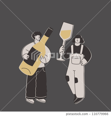 Cute man and woman with a huge bottle of white wine and a huge glass. Funny exaggerated characters for design on the theme of wine or alcoholic beverages. Vector flat illustration. 110779966