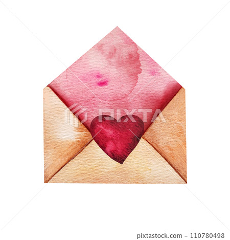 Watercolor envelope with red hearts. Hand drawn love letter illustration for valentine's day, lovers cards, wedding design. 110780498