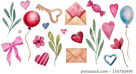 Watercolor hearts, flowers and leaves, candy, red and blue balloon, envelope, bow, key. Hand drawn set of romantic illustration for valentine's day, lovers cards, wedding design. Watercolor hearts, flowers and leaves, candy, red and blue balloon, envelope, bow, key. Hand drawn set of romantic illustration for valentine's day, lovers cards, wedding design. 110780499