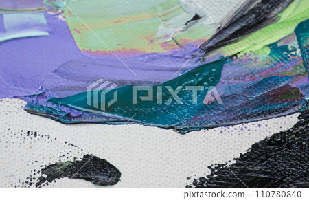 Closeup of a painting by oil and palette knife. Highly-textured, high quality details. Fragment of multicolored texture painting. Abstract art background. oil on canvas. Rough brushstrokes of paint. 110780840