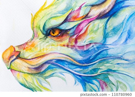 Dragon face colorful paint in watercolor on a white background in a realistic manner, colorful, rainbow. Dragon face colorful paint in watercolor on a white background in a realistic manner, colorful, rainbow. 110780960