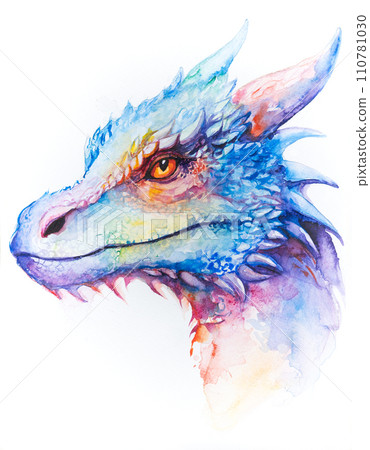Dragon face colorful paint in watercolor on a white background in a realistic manner, colorful, rainbow. Dragon face colorful paint in watercolor on a white background in a realistic manner, colorful, rainbow. 110781030