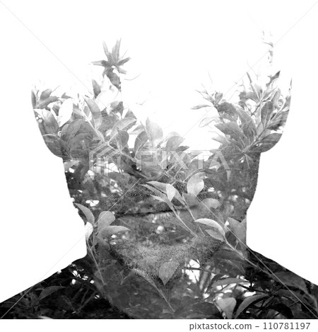 A black and white double exposure male portrait on a white background A black and white double exposure male portrait on a white background 110781197