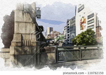 從東京千代田區萬世橋看到的水彩畫風格秋葉原神田河 110782150