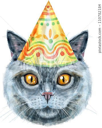 Lovely closeup portrait in pastel colors of British Shorthair in the classic color blue cat breed. Hand drawn watercolor painting on white background Lovely closeup portrait in pastel colors of British Shorthair in the classic color blue cat breed. Hand drawn watercolor painting on white background 110782184