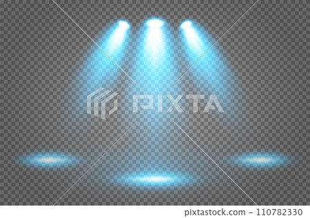 Glowing blue transparent lighting effects on a transparent background. Illuminated stage, floodlights. Glowing blue transparent lighting effects on a transparent background. Illuminated stage, floodlights. 110782330
