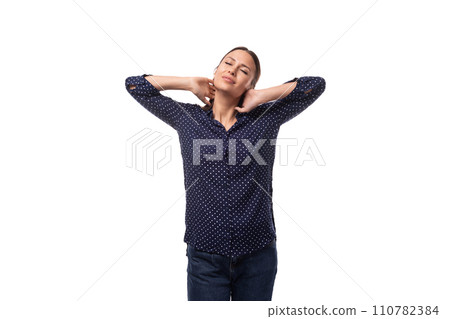 young stylish cute european slim business woman with straight black hair dressed in dark blue blouse 110782384